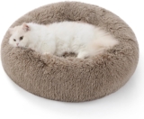 Bedsure Plush Round Cat Bed – 50x50x13cm Washable Cat Beds for Indoor Cats Small Dogs, Fluffy Calming Anti Anxiety Kitten Puppy Bed, Camel