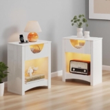 Bestier Bedside Table with LED Light & USB Port & TypeC, Modern Nightstand with Half-moon Translucent Ribbed Acrylic & 1 Wooden Storage Drawer & Open Cupboard for Bedroom Living Room Office (Two set)