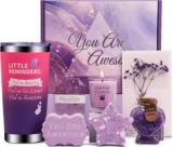 Birthday Gifts for Women,Insulated Tumbler with Lid for Hot & Cold Drinks-Relaxing Spa Bath Set for Her,Bath Bombs Soap Bath Salts Candle Present-Self Care Package for Mum, Wife, Sister (Lavender)