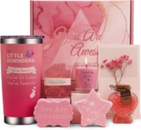 Birthday Gifts for Women,Insulated Tumbler with Lid for Hot & Cold Drinks-Relaxing Spa Bath Set for Her,Bath Bombs Soap Bath Salts Candle Present-Self Care Package for Mum, Wife, Sister (Pink)