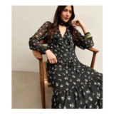 Black Ditsy Floral Bow Chiffon Midi