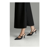 Black MODISHION Pointed-Toe Slingback Heels with Adjustable Strap