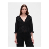 Black Ruffle Collar V-Neck Top