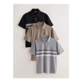 Black/Brown/Grey Block Printed Short Sleeve Jersey Polo Shirts 3 Pack