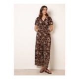 Blue Vanilla Brown Tropical Print Shirred Waist Elasticated round Neck Jumpsuit