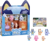 Bluey Fuzzies Deluxe Figure Pack. With 6 Specially Flocked Collectible Mini-Figures. Incl. 2 Surprise Figures (Blind Pack), Trading Card, and Collectors Guide. 80 to Collect in Series 1