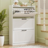 BonVache Shoe Storage Cabinet, Shoe Organizer Cabinet with 3 Flip Louvered Doors, Narrow Wooden Shoe Rack Cabinet with Adjustable Dividers For Hallway, Entreway, Living Room,White
