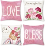 Bonhause Pink Flower Cushion Covers 45 x 45 cm Carnation Floral Love Bless Decorative Throw Pillow Covers Spring Pillowcases for Sofa Bed Patio Home Decor Set of 4