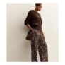 Brown Abstract Print Textured Wide Leg Trousers