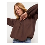 Brown Bubble Hem Long Sleeve Blouse