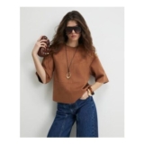 Brown Faux Suede Seam Detail T-Shirt