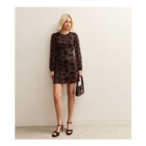 Brown Floral Flocked Mini Dress
