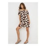 Brown Large Floral Mini Bardot Dress – 28