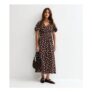 Brown Polka Dot Flutter Sleeve Midi Dress