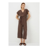 Brown Polka Dot Plisse Belted Jumpsuit