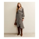 Brown Satin Striped Wrap Midi Dress