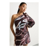 Brown Warehouse Petite Printed One-Shoulder Puff-Sleeve Mini Dress