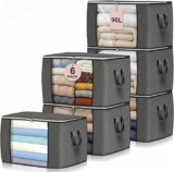 Budding Joy 6 Pack 90L Storage Bags, Large Clothes Storage Bags with Zips Durable Handles Thick Fabric for Clothes, Bedding, Blankets, Comforters and Toys (Grey)