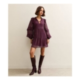 Burgundy Ruffle Trim Chiffon Tiered Mini Dress (Only Size 20)