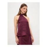 Burgundy Satin Halter Tie Neck Sleeveless Top