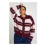 Burgundy plus Crew Neck Fluffy Stripe Cardigan