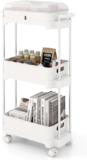 COSTWAY 3-tier Storage Trolley, Rolling Utility Cart with Removable Cover & Shelves, Handle and Lockable Wheels, Mobile Storage Shelving Organizer for Kitchen Living Room Office