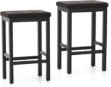 COSTWAY Bar Stools Set of 2/4, Upholstered Saddle Stools with PVC Leather Button-Tufted Cushion, Footrest & Anti-slip Pads, Rubber Wood Frame Backless Counter Height Kitchen Stools (BrownBlack, 2)