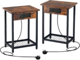 COSTWAY Bedside Tables Set of 2, Industrial Nightstand Sofa Side Table with Charging Station, 2 AC Outlets, 2 USB Ports and Storage Shelf, Narrow Accent End Table for Living Room Bedroom, 40x30x54cm