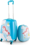 COSTWAY Kids Luggage Set, 2Pcs Backpack & Suitcase with Wheels and Height Adjustable Handle, Hard Shell Travel School Trolley Case for Boys Girls (BlueOrange, 1216 Unicorn)