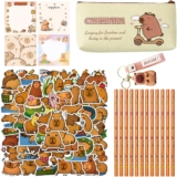 Capybara Stationery Set, 12 Capybara Pencils 60 Stickers 1 Hanging Charm 4 Notepads 1 Pencil Case, Capybara Gifts for Kids, Cute Capybara Stationery