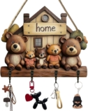 Cartoon Bear Key Holder for Wall Mount, 2D Animal Wooden Towel Key Hooks Coat Hanger with 4 Hooks, Cute Bear Wall Decorative Rack for Living Room Entryway Hallway Farmhouse