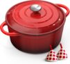 Cast Iron Dutch Oven – 26CM 5L Casserole Dish with Lid Enamelled Cast Iron Round Pot for Bread Baking Braising Stews Roasting, Dutch Pot with Heat-resistant Gloves Easy to Clean – Red Topbooc