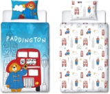 Character World Official Paddington Bear Single Duvet Cover Set 2 Sided Reversible Station Design Matching Pillowcase Single Bed Set White and Blue, Polycotton