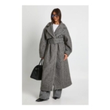 Charcoal Textured Wool-Look Belted Maxi Coat