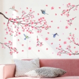 Cherry Blossom Tree Wall Sticker, Floral Birds Wall Art Decals Pink Flower Peel and Stick Flower Wall Stickers for Bedroom Living Room Sofa TV Background Home Wall Decor
