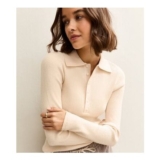 Cream Button Front Ribbed Polo Top