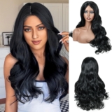 Creamily Long Wavy Curly Black Wigs for Women Long Wavy Curly Wig Cosplay Party Halloween Wig Synthetic Hair Wig for WOmen 24 Inches