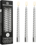 DECO EXPRESS Candles, Pack of 3 Dinner Candles, Non Drip Twisted & Non Scented, Long 6 Hours Burning Time, Cosy Home Decor, Birthday, Valentines Day & Mothers Day Gift Idea (Silver, Pack of 3)