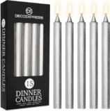DECO EXPRESS Tapered Candle Set of 15 Classic Dripless Rustic Tapered Unscented 9H Burn Time Handmade Decorative Dinner Candles Restaurant Home Christmas (Silver, 15 Pack)