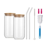DYUEE 2-Pack Glass Cups with Wooden Lids and Glass Straws
