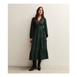 Dark Green Speckled Print Crepe Wrap Midi Dress