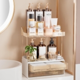 Delamu Makeup Organiser, 2 Tier 2 Drawer Cosmetics Organisers, Multi-Purpose Skincare Organisers, Large Countertop Storage for Bathroom, Bedroom, Exquisite Vanity Storage, Amber