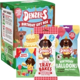 Denzels Dog Treats Mini Birthday Gift Box – Birthday Cake Chews with Peanut Butter & Strawberry Balloon shaped Treats with Coconut & Apple – 110g