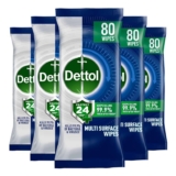 Dettol Protect 24 Multipurpose Antibacterial Wipes, 5 Pack of 80
