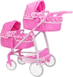 Dolly Tots Twin Pushchair Pink Polka Dot Double Pushchair Double Dolls Pram with Adjustable Height Handle And Multiple Seat Options Suitable For Ages 3