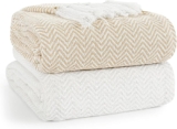 EHC PAIR Pack Chevron Cotton Throws for Sofa Settees Chair Cover Blanket, 127 x 152cm (Pack of 2) – Ivory/Tan