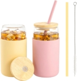 EVERGOODS 2-Set Reusable Can-Shaped Glass Cups with Bamboo Lids & Glass Straws Beige & Pink Borosilicate Tumblers for Smoothies, Juice, Beer, Soda, Tea (Beige Pink)