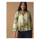 Ecru Floral Print Button Front Long Sleeve Blouse