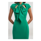 Emerald Stretch Bow Tie Neck Tailored Midi Pencil Dress
