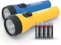 Energizer Eveready LED Torch Pack of 2, Super Bright Flashlight, Water Resistant, Perfect for Camping , Outdoors & Emergency Light, Pack of 2, 4 AA Batteries Included, Blue/Yellow